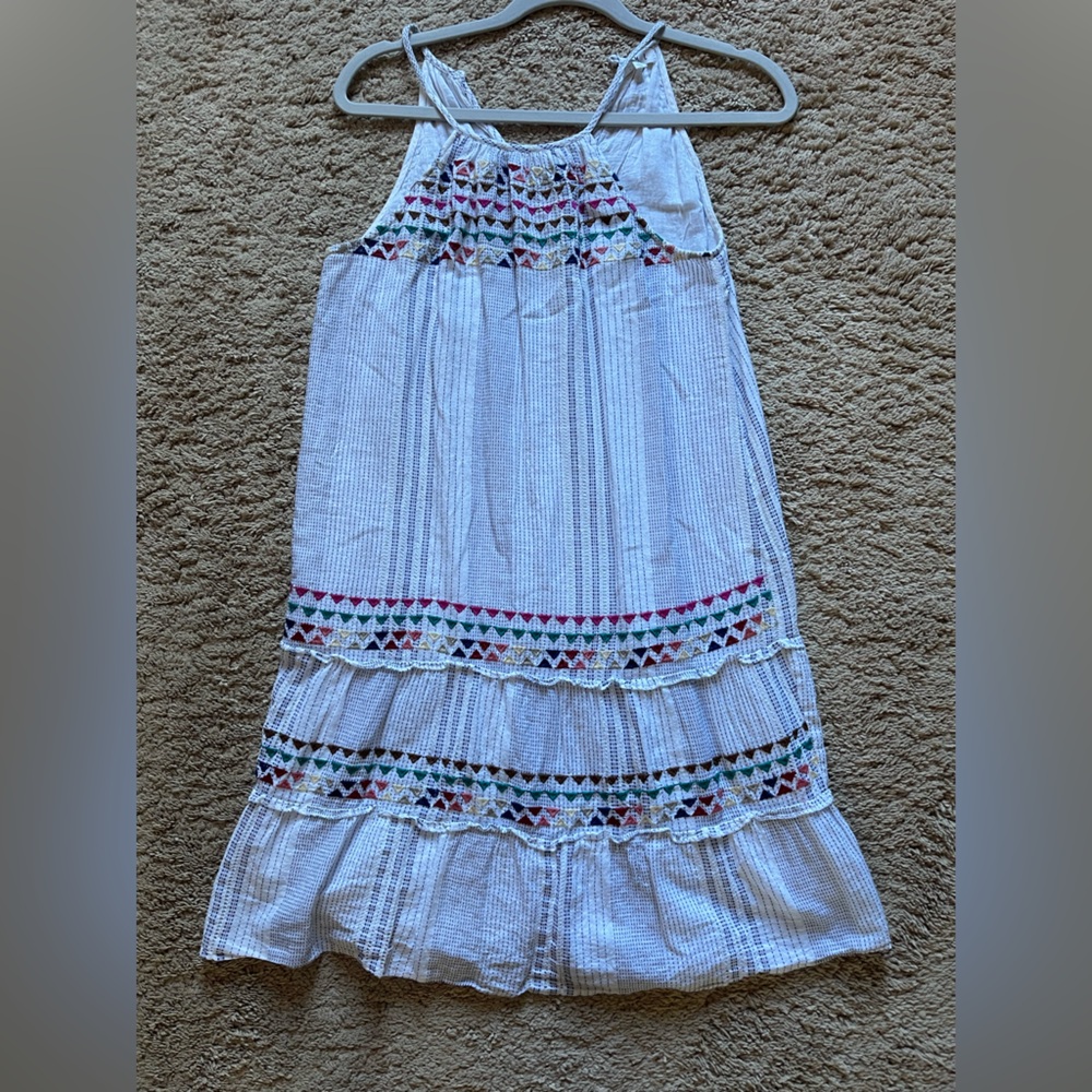 White Embroidered Tiered Dress with Multicolor Trim